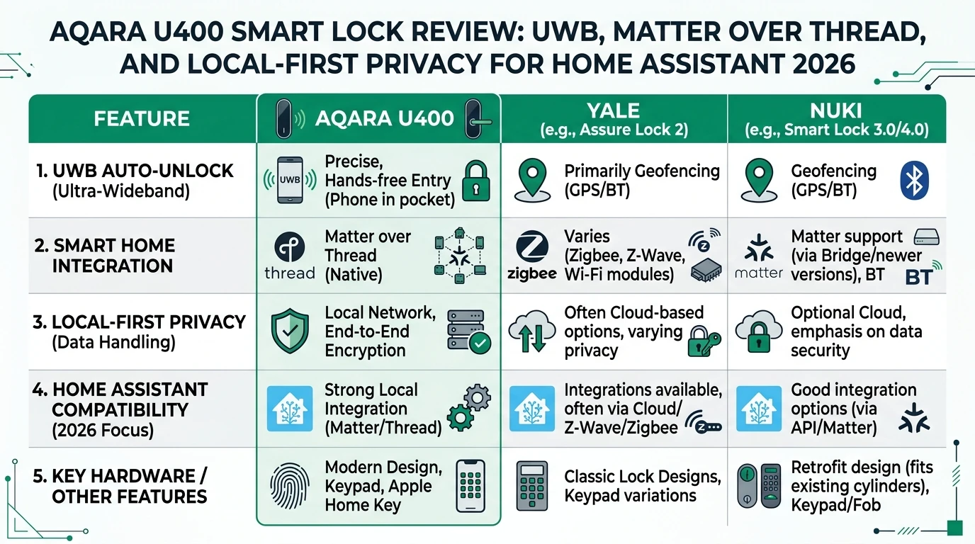 A comprehensive infographic detailing the Aqara U400 smart lock's features, including UWB, Matter over Thread, and privacy aspects for Home Assistant users.