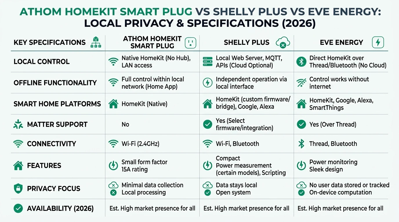 Comparison infographic of Athom, Shelly Plus, and Eve Energy smart plugs highlighting privacy features, local control, and HomeKit compatibility.