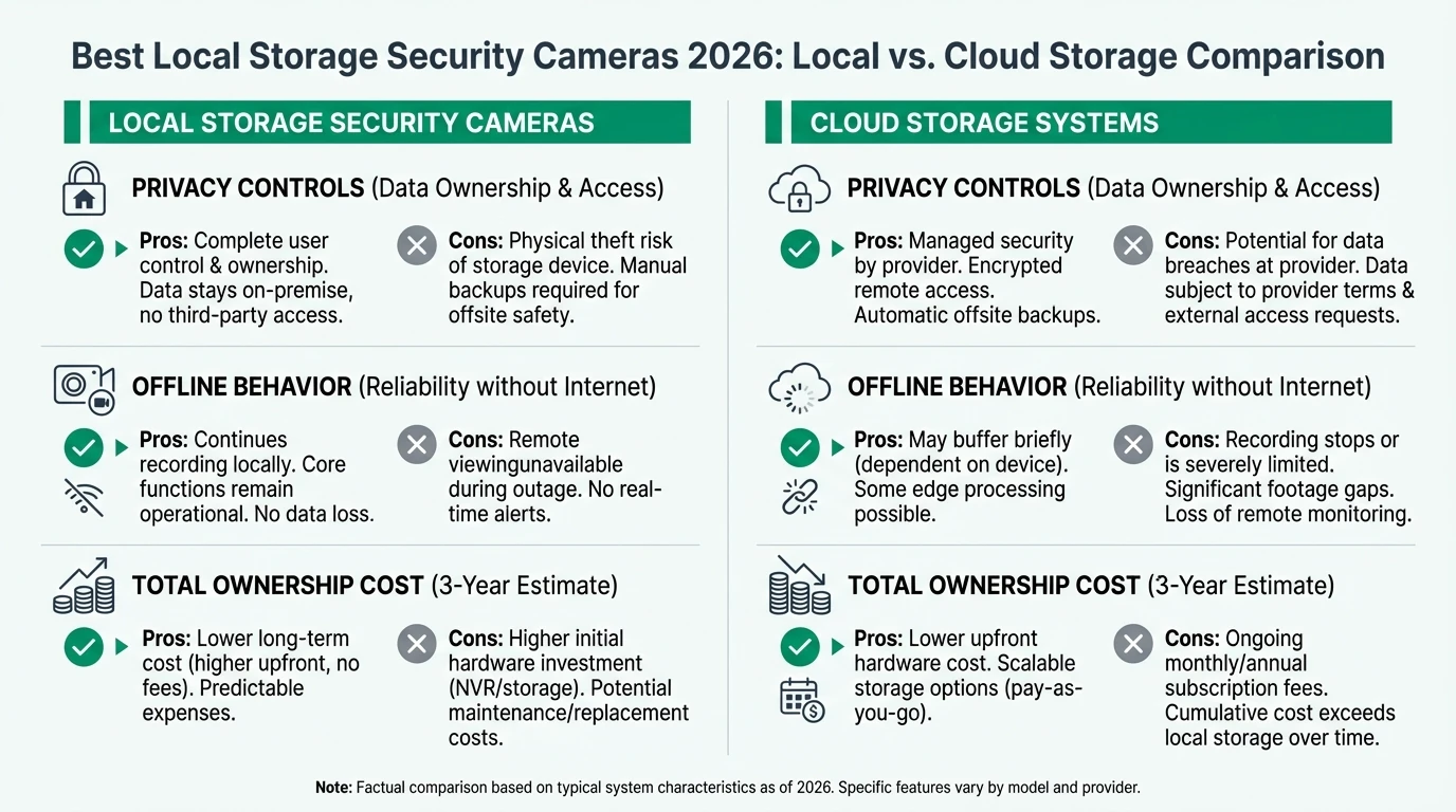 A comparative infographic of subscription-free camera architectures showing PoE cameras, local NVR storage tiers, account requirements, and privacy trade-offs for households that want reliable surveillance without mandatory cloud subscriptions.