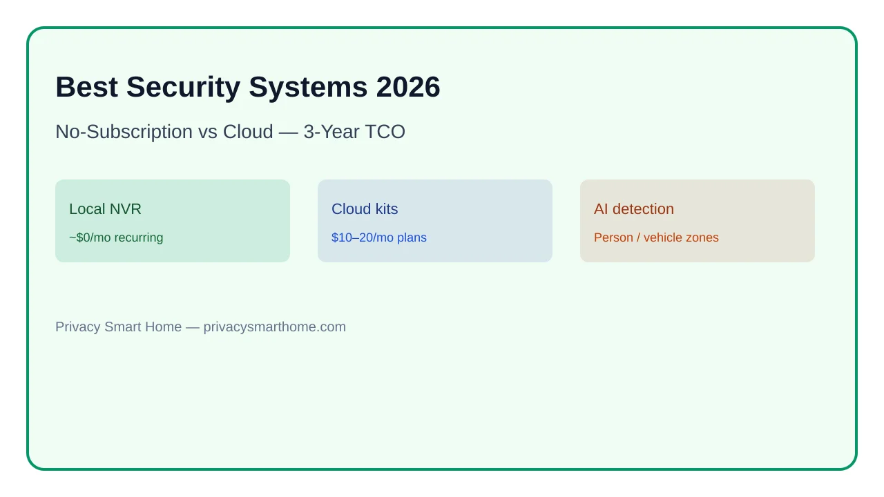 Comparative infographic mapping four 2026 home security system tiers—renter wireless kits, hybrid doorbell stacks, four-camera local NVR bundles, and multi-site UniFi Protect deployments—against 3-year total cost of ownership, subscription requirements, and local AI detection capabilities for privacy-focused buyers.