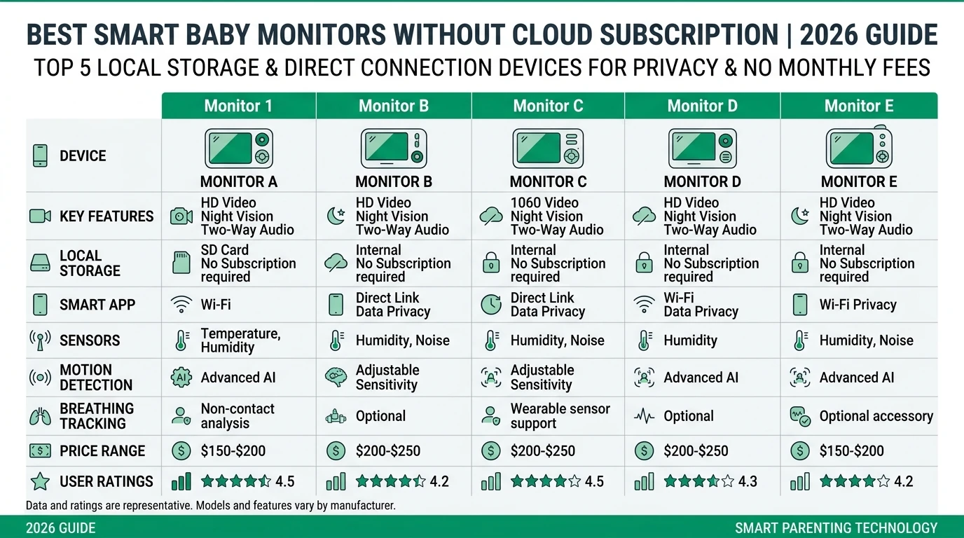 Consulting-style infographic comparing non-cloud baby monitors for 2026 with privacy tiers, transmission types, and total cost of ownership for FHSS, DECT, and local Wi-Fi models.