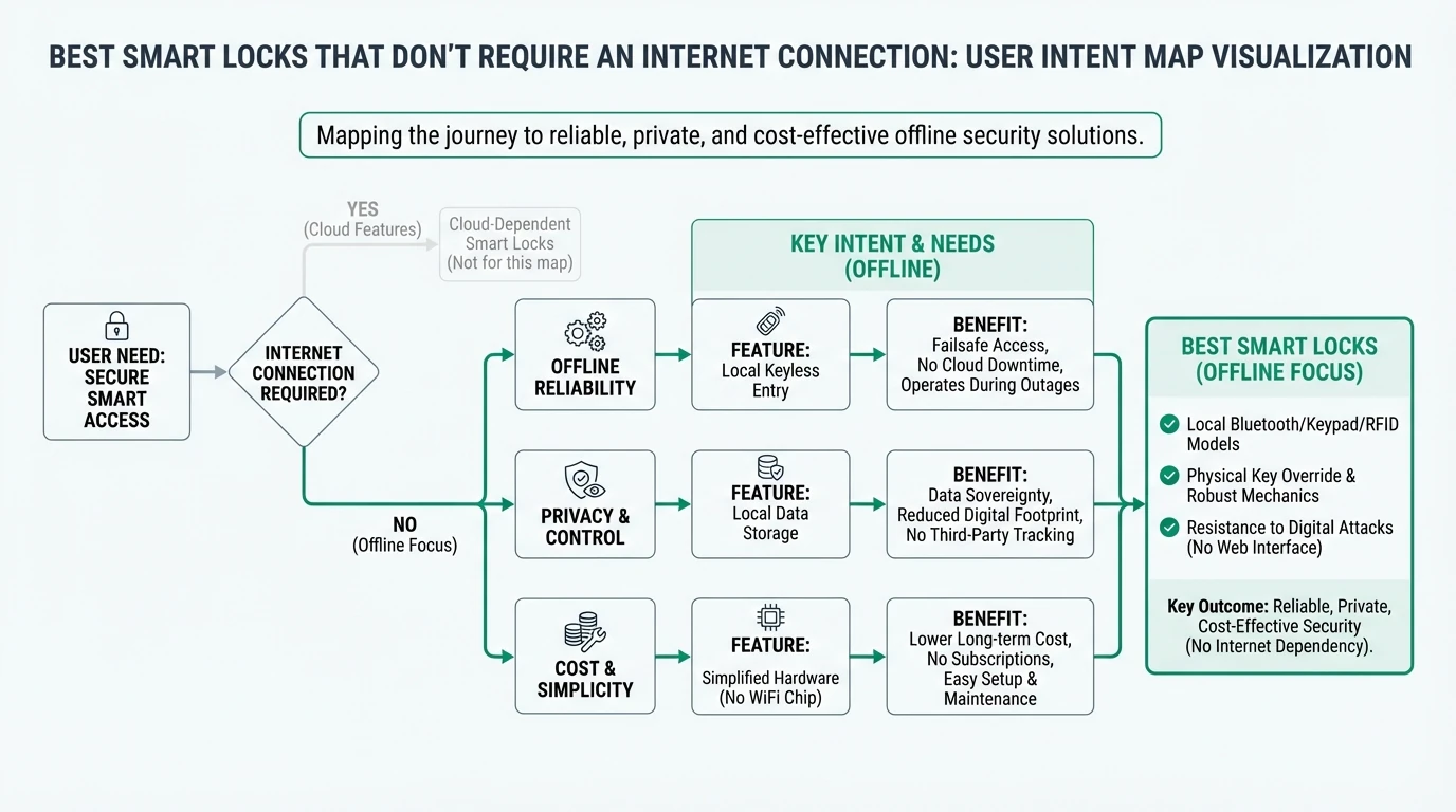 A detailed infographic comparing various smart locks that operate without internet, highlighting features like offline reliability, privacy, and cost.