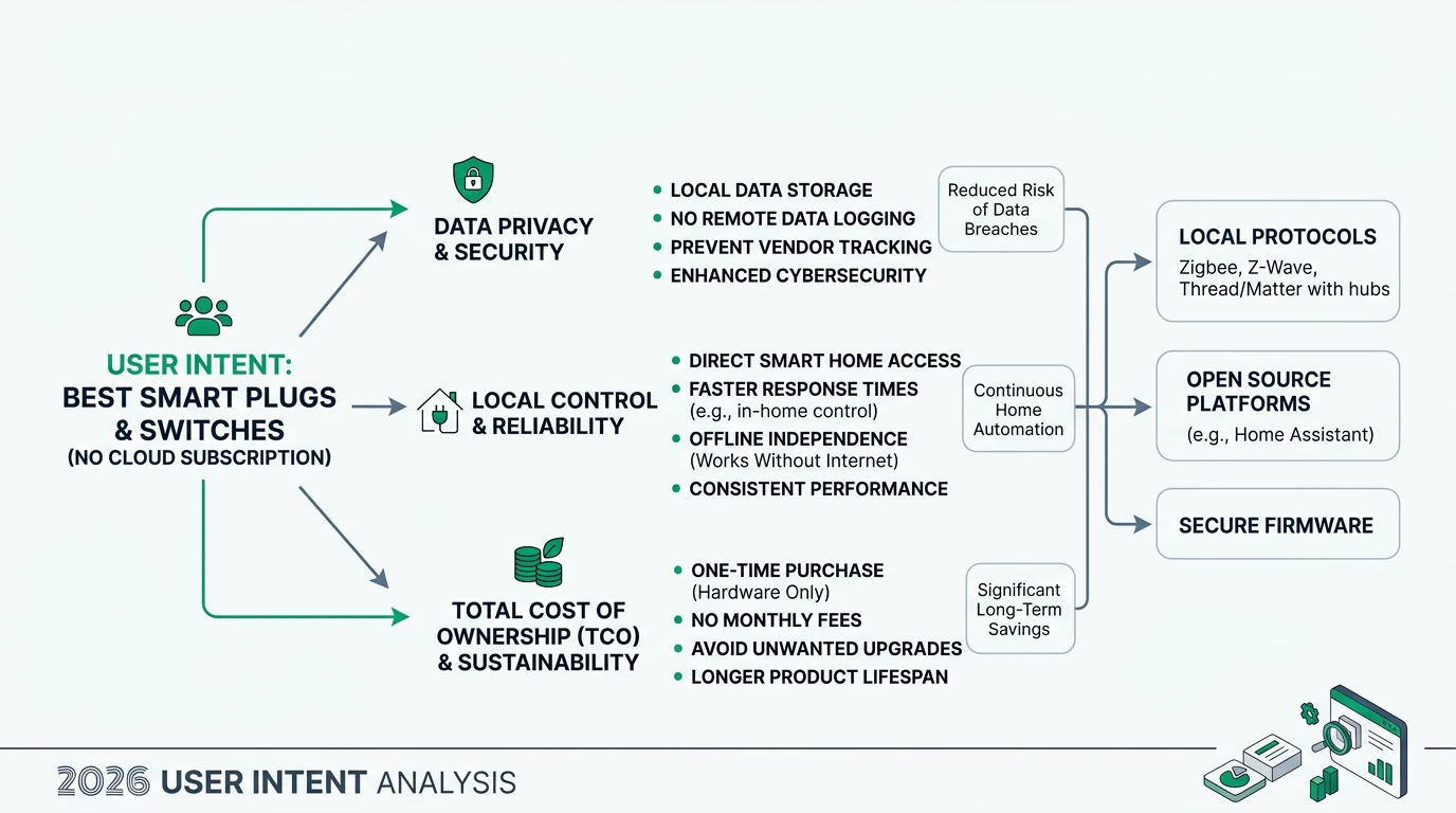 A detailed infographic comparing smart plugs and switches available in 2026, focusing on privacy, local control, and offline capabilities.