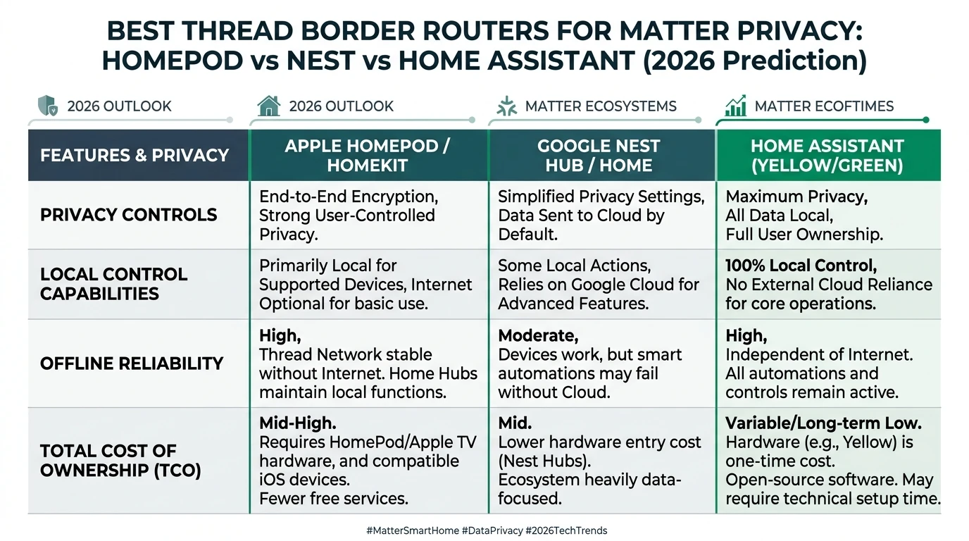 A detailed infographic comparing HomePod, Nest, and Home Assistant Thread border routers based on privacy, local control, offline reliability, and total cost of ownership.