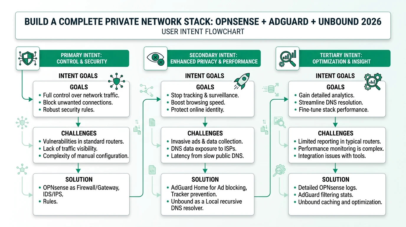 A detailed infographic showing the setup process of a private network stack using OPNsense, AdGuard, and Unbound, highlighting key configuration steps and network flow.