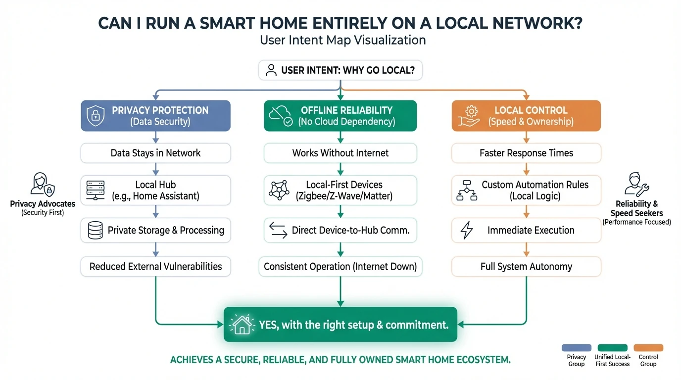 Infographic showing the components and setup of a local-only smart home network: Z-Wave/Zigbee controllers, hubs, VLAN isolation, and security measures for households avoiding cloud dependency.