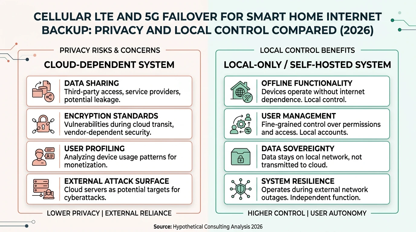 Infographic comparing LTE and 5G failover solutions for smart home internet backup, highlighting privacy and local control aspects.