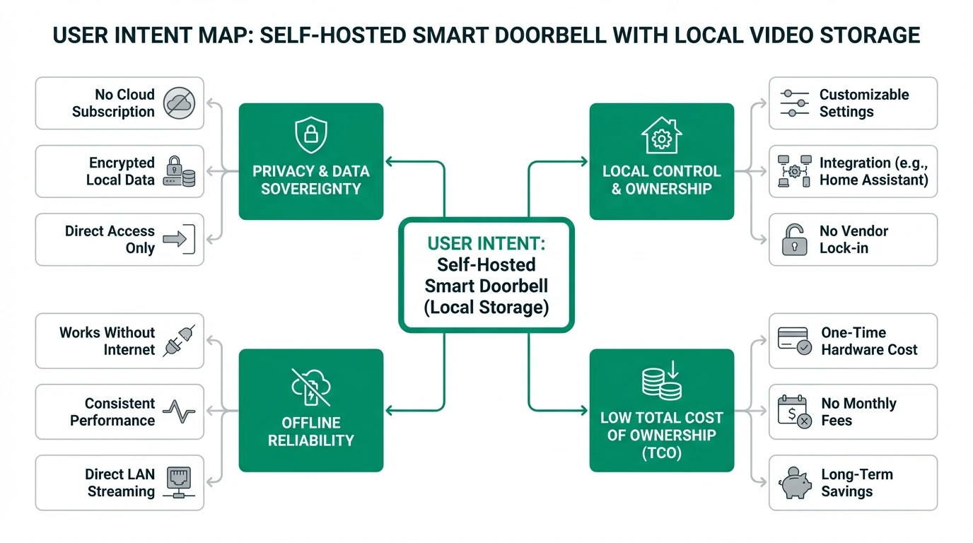 Architecture diagram for cloud-isolated Reolink PoE video doorbell setup showing Scrypted Reolink plugin with RTSP and ONVIF rebroadcast, Frigate NVR local recording, Home Assistant automations, IoT VLAN firewall deny WAN rules, and no mandatory Reolink cloud or P2P relay for privacy-focused self-hosted doorbell camera operation in 2026.