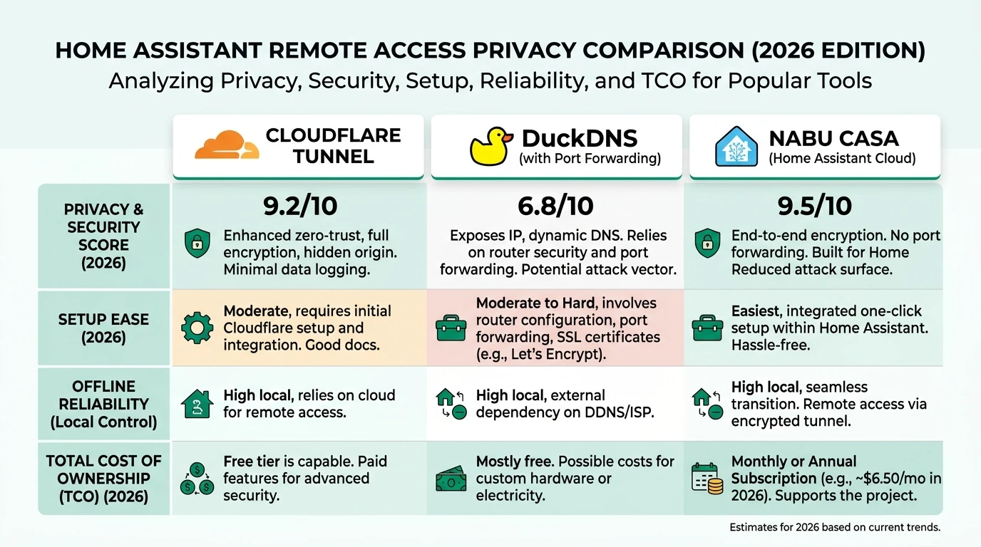 Infographic comparing Cloudflare Tunnel, DuckDNS, and Nabu Casa for Home Assistant remote access, focusing on privacy, cost, and control.