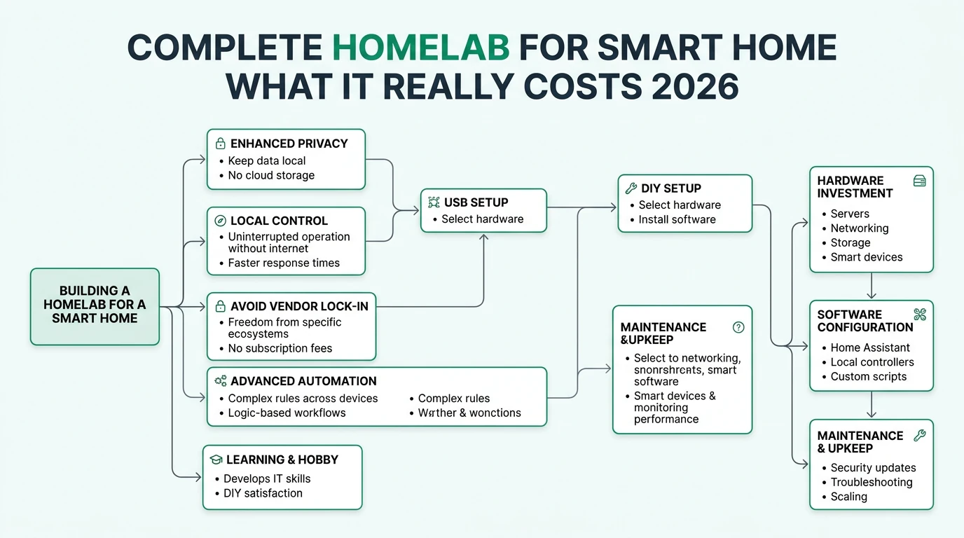 An infographic illustrating the cost breakdown and benefits of a complete homelab setup for smart homes in 2026, highlighting privacy and local control.