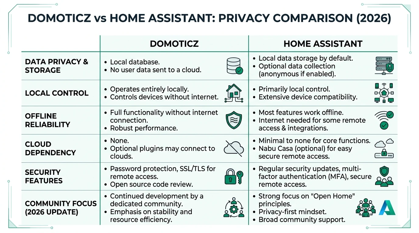 A detailed infographic comparing Domoticz and Home Assistant in terms of privacy, local control, and offline reliability, providing insights for privacy-conscious users.