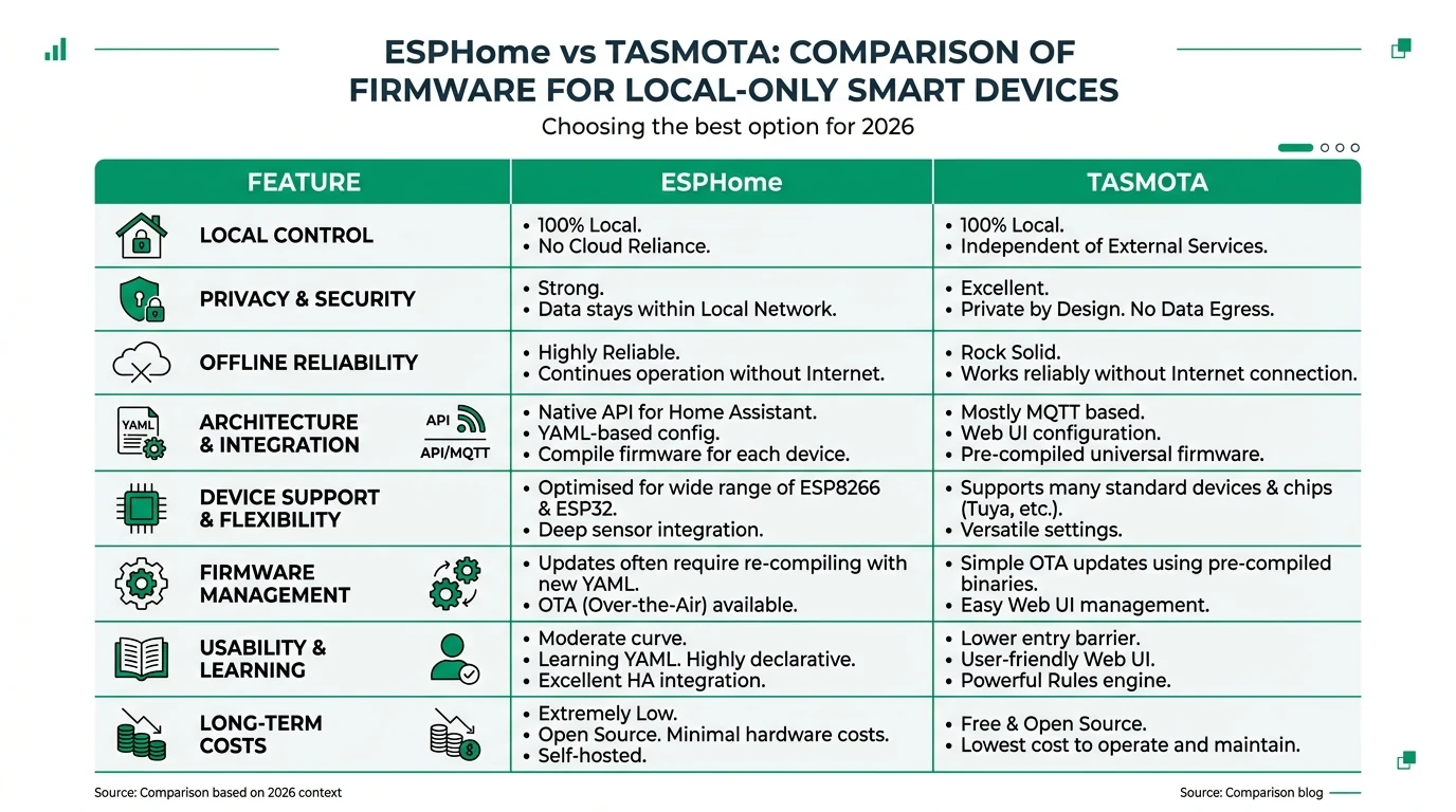 Editorial infographic contrasting ESPHome native API versus Tasmota MQTT for local-only ESP devices, with privacy, offline behavior, and maintenance columns for 2026 buyers.