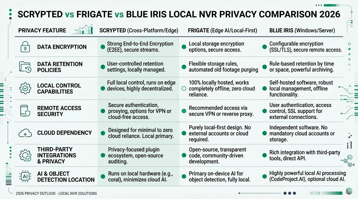 Four-way comparison hub infographic for Frigate, Scrypted, UniFi Protect, and Blue Iris local NVR software in 2026, showing cloud dependency tiers, licensing models, hardware requirements, and VLAN-segmented camera topology for privacy-focused home surveillance deployments without mandatory cloud subscriptions.
