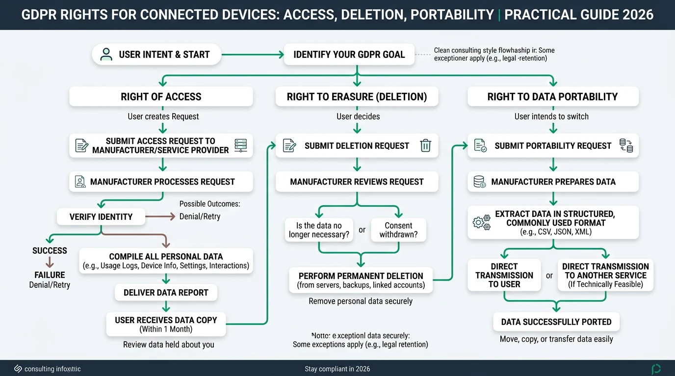 Infographic illustrating GDPR rights for connected devices, including access, deletion, and portability processes.