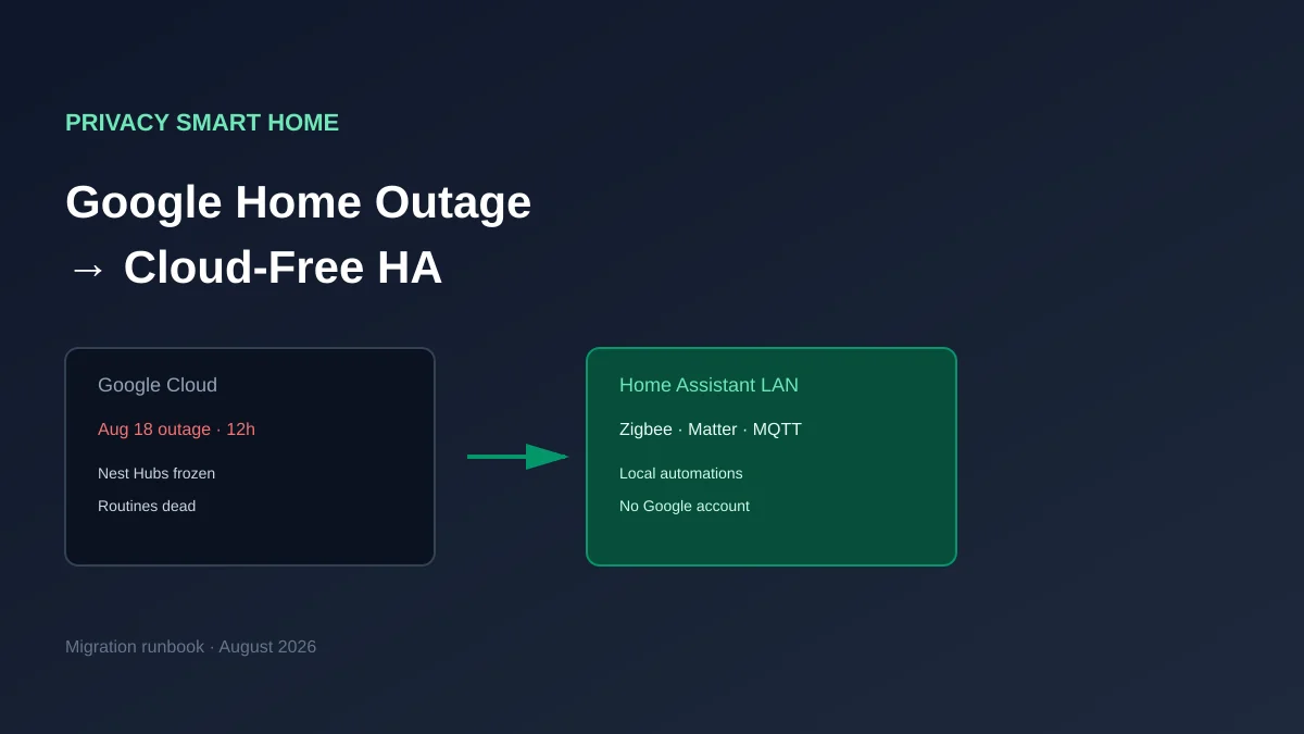Infographic comparing Google Home cloud outage effects with a local Home Assistant deployment using Zigbee and Matter on a segmented privacy-focused home network.