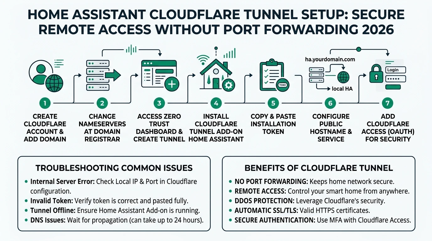 Step-by-step consulting-style infographic for Home Assistant Cloudflare Tunnel setup in 2026, showing outbound-only connectivity, Zero Trust access policies, token-based authentication, and how remote browsers reach HA without port forwarding.
