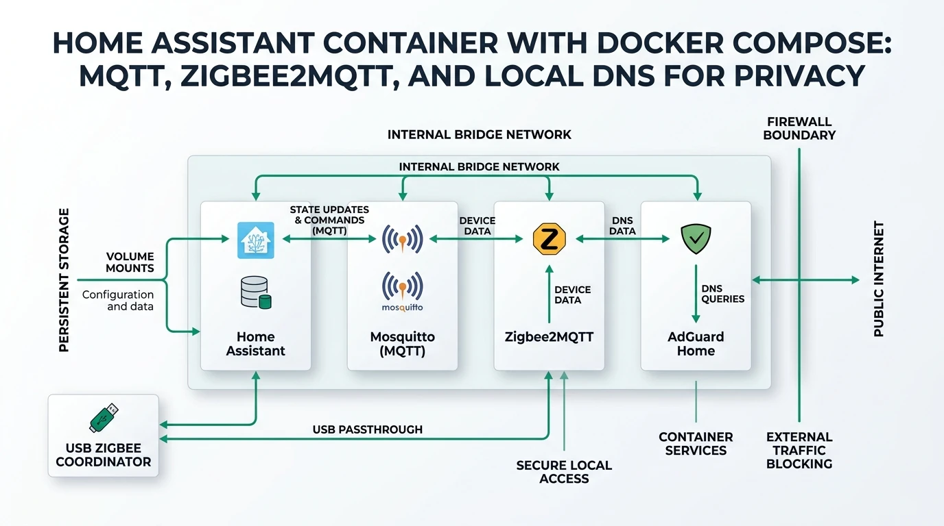 Consulting-style infographic mapping Home Assistant Container on Docker Compose beside Mosquitto, Zigbee2MQTT, and a local DNS resolver, highlighting bridge networking, volume mounts, and firewall boundaries for a privacy-focused smart home stack.