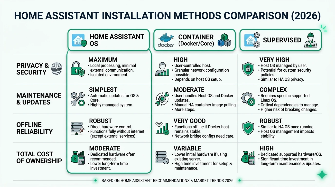 Infographic comparing Home Assistant OS, Container, and Supervised installs focusing on privacy, maintenance, and offline reliability.
