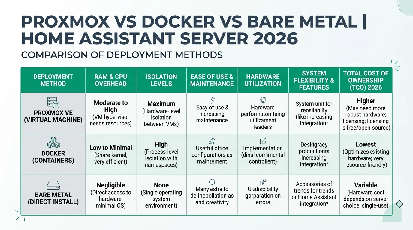 Architectural comparison diagram of Home Assistant OS running on Proxmox VE versus bare metal with USB Zigbee coordinator passthrough paths and Google Coral TPU attachment for local AI add-ons, highlighting latency layers, Proxmox Backup Server integration, and privacy-focused local control without mandatory cloud dependency as of July 2026.