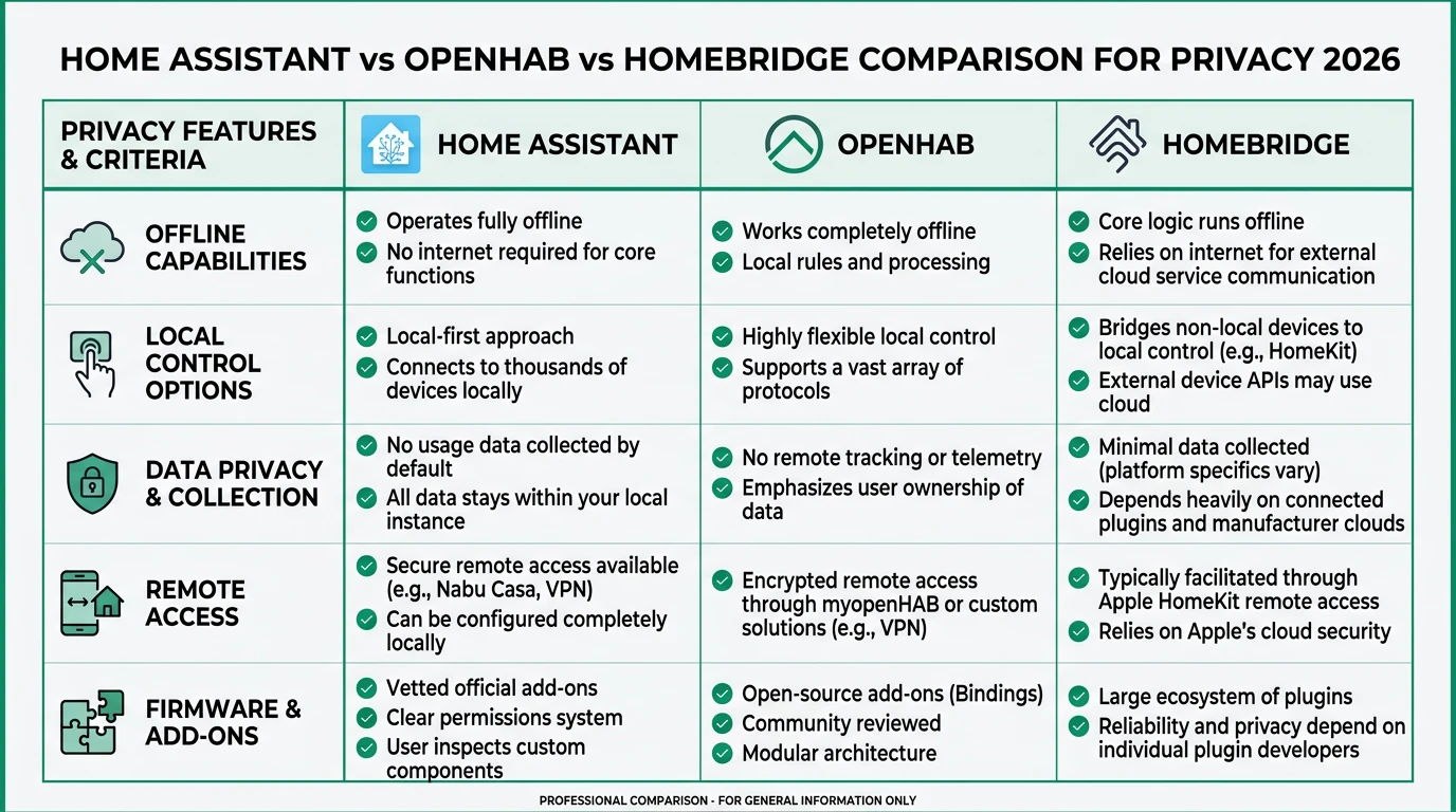 A detailed infographic comparing Home Assistant, OpenHAB, and Homebridge in terms of privacy, local control, and offline reliability for smart home setups in 2026.