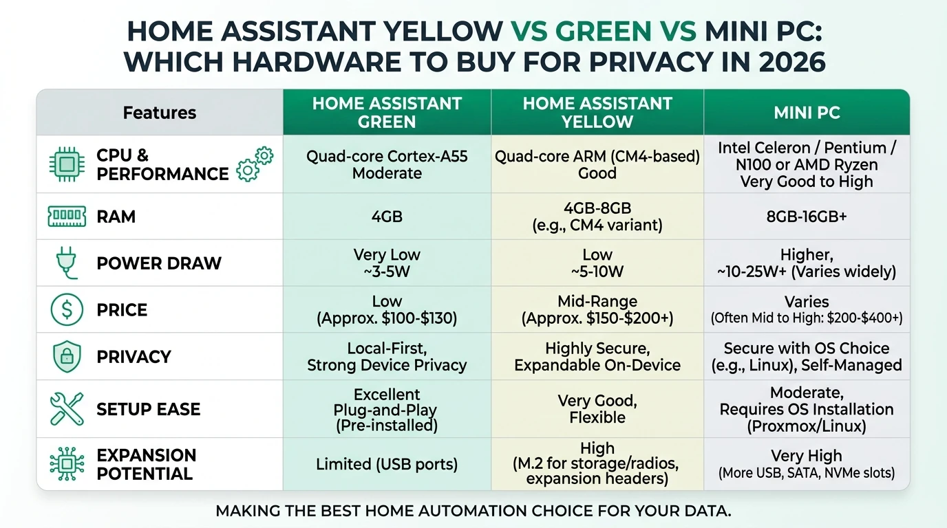 Comparison of Home Assistant Yellow, Green, and Mini PC hardware options for privacy-focused smart home setups.