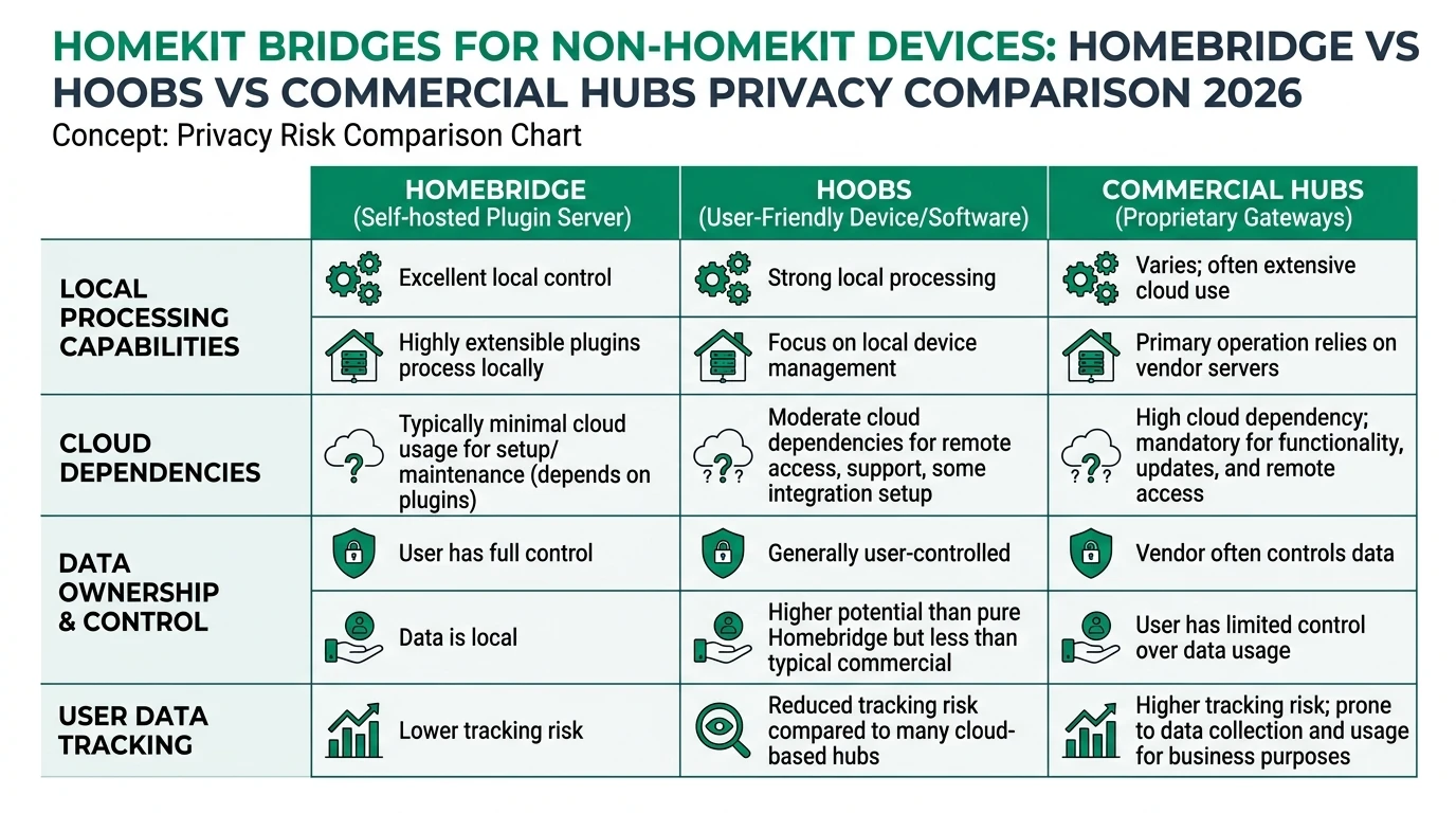 Comparison of HomeKit bridges: Homebridge, HOOBS, and commercial hubs, focusing on privacy, local control, and offline reliability.