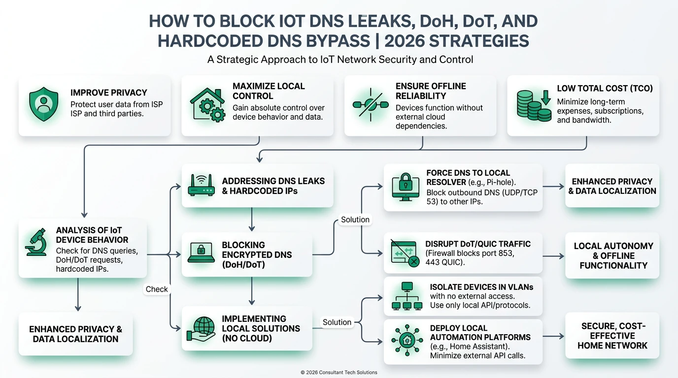 An infographic illustrating methods to block IoT DNS leaks, including DoH, DoT, and hardcoded DNS bypass strategies.