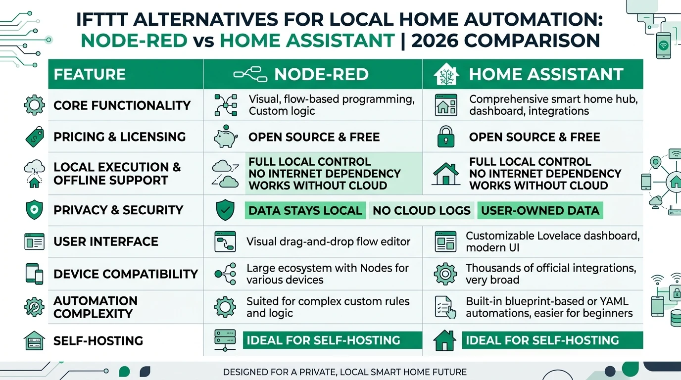 2026 infographic comparing IFTTT cloud automation with Home Assistant and Node-RED local flows, highlighting privacy, offline uptime, TCO, and integration depth for smart homes.