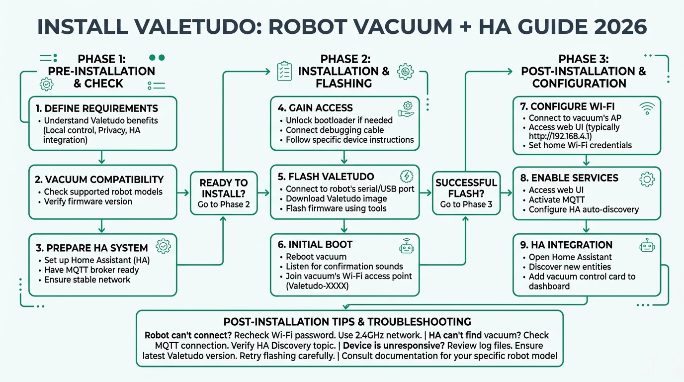 Step-by-step workflow diagram for installing Valetudo open source firmware on a compatible robot vacuum with MQTT bridge to Home Assistant and no vendor cloud dependency for maps or control in 2026.