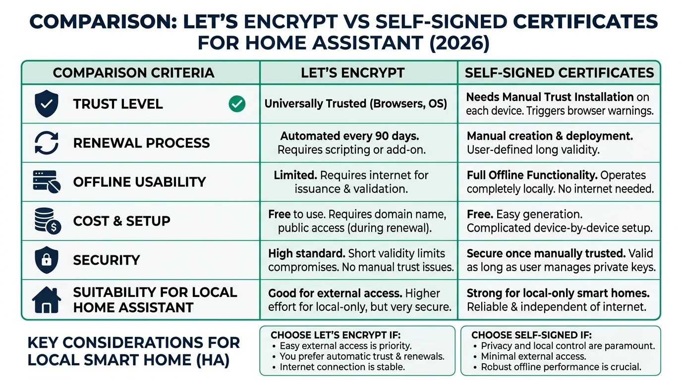 Infographic comparing Let's Encrypt and self-signed certificates for local smart home HTTPS setups, focusing on privacy, cost, and offline reliability.