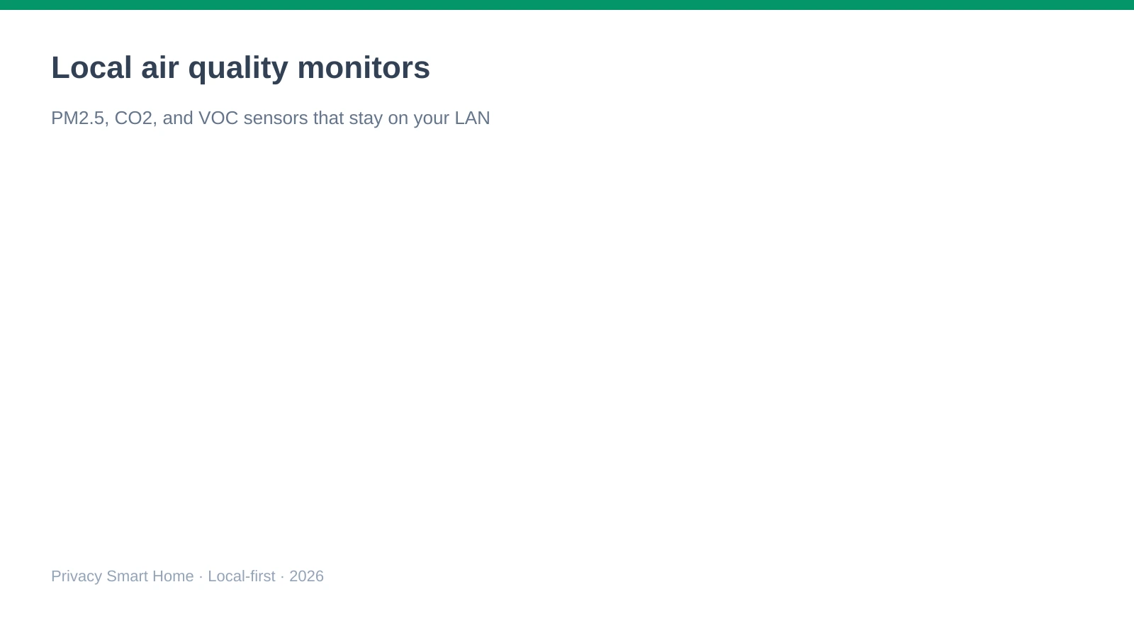 Hero graphic for local air quality monitors with Home Assistant: PM2.5, CO2, and VOC sensing that stays on the local network for privacy-focused smart homes in 2026.