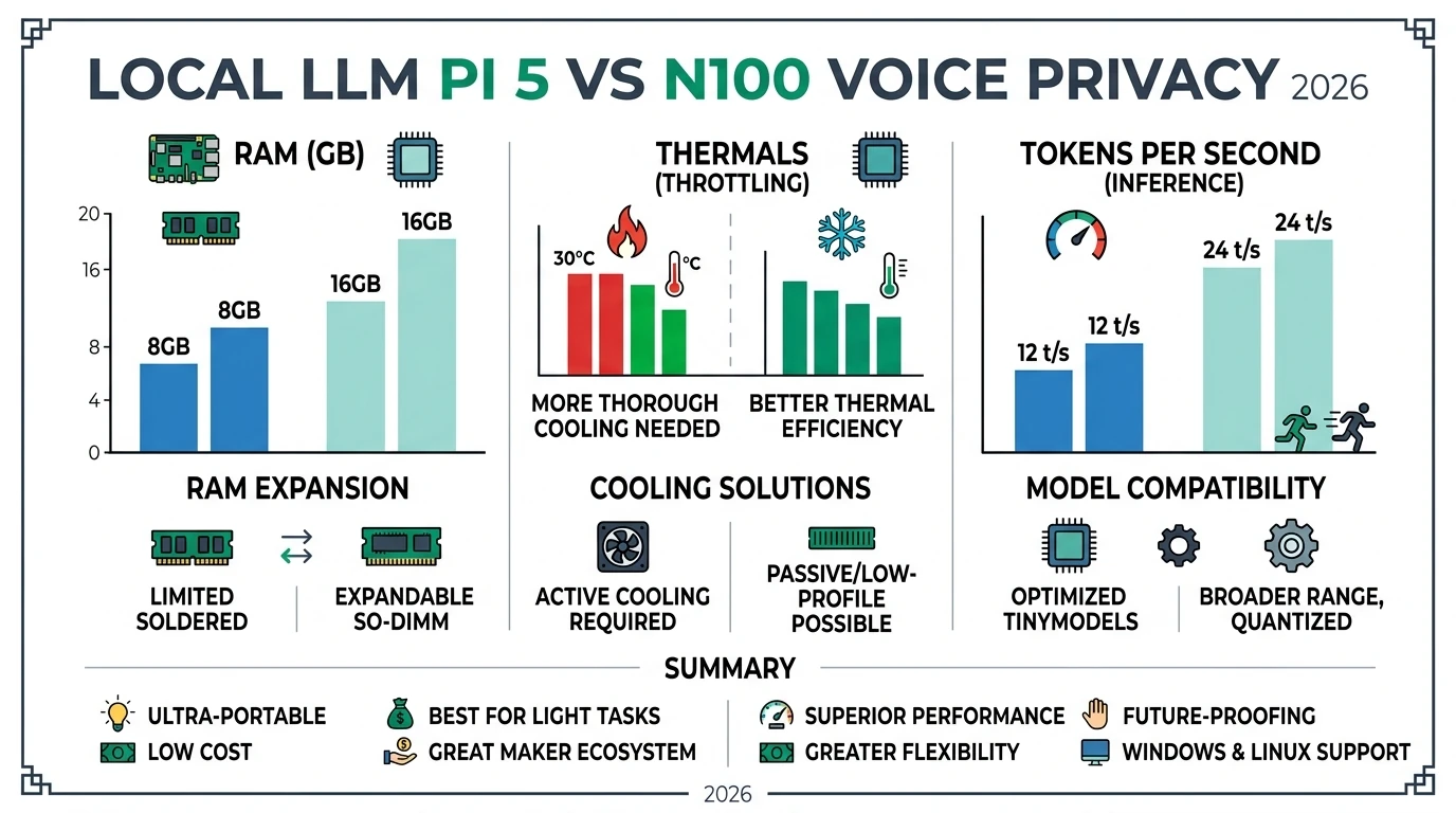 Side by side hardware comparison of Raspberry Pi 5 board and Intel N100 mini PC for running local large language models and Whisper speech for Home Assistant voice pipelines without cloud APIs in 2026.