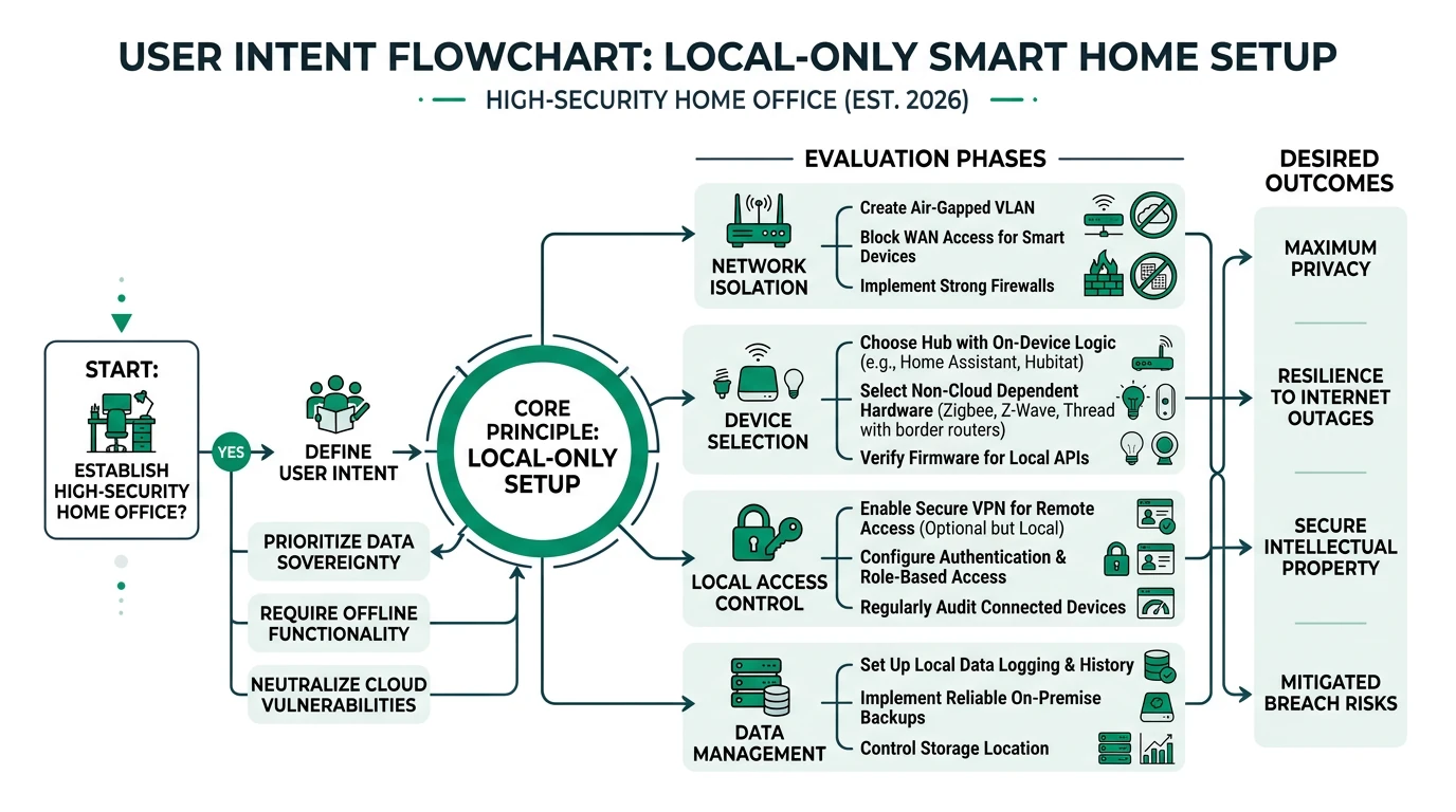 A detailed infographic comparing local-only smart home setups, highlighting privacy, offline functionality, and network isolation.