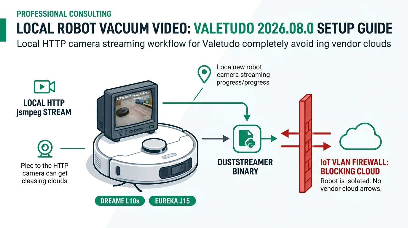 Privacy Smart Home August 2026 Valetudo 2026.08.0 local robot vacuum video setup guide: duststreamer gstreamer binary on supported Dreame L10s Ultra and Eureka J15 models, HTTP MPEG-TS jsmpeg stream over LAN without vendor cloud, IoT VLAN WAN deny rules, and manual control live feed integration.