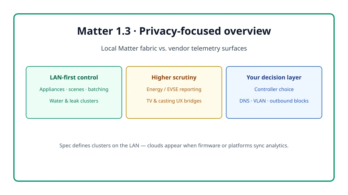 Consulting-style infographic summarizing Matter 1.3 privacy posture with three panels labeled LAN-first appliance control, higher scrutiny areas for energy EVSE and TV casting bridges, and the reader decision layer covering hub choice plus DNS VLAN and outbound firewall controls on emerald accents.
