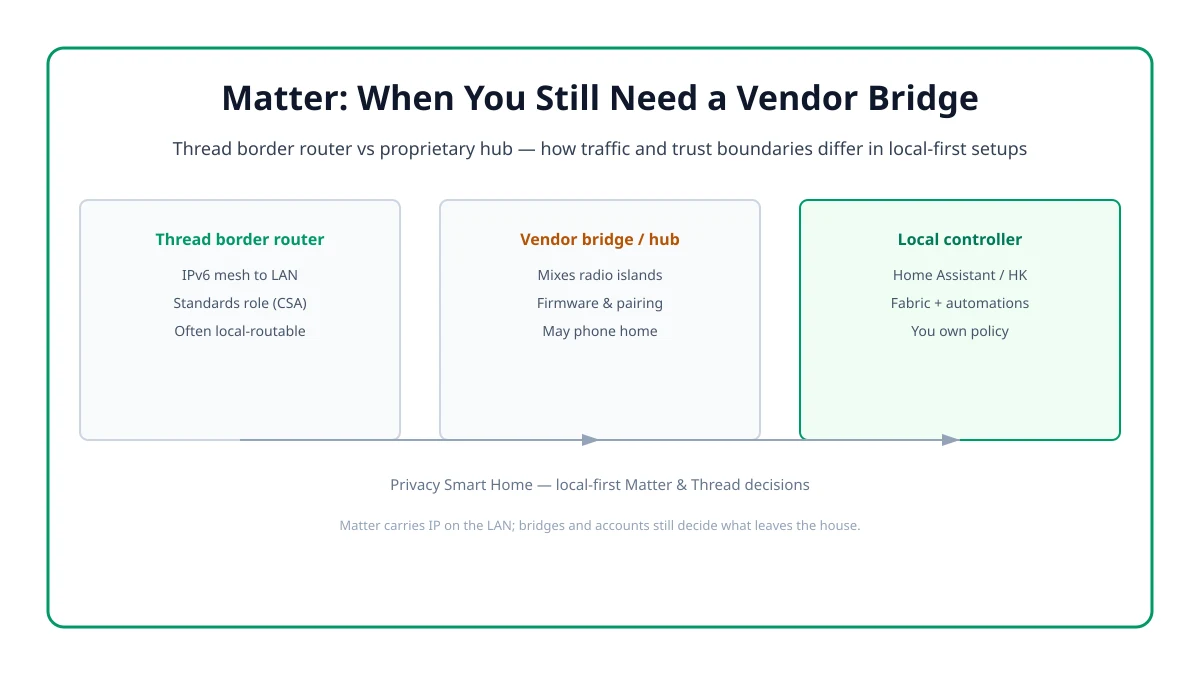 Wide infographic diagram titled Matter hub requirements, contrasting three columns for Thread border routers that connect IPv6 mesh Matter traffic to the LAN, proprietary vendor bridges that may mix Zigbee and cloud pairing, and local controllers such as Home Assistant for fabric policy, intended for privacy-focused readers comparing bridge versus border-router setups.