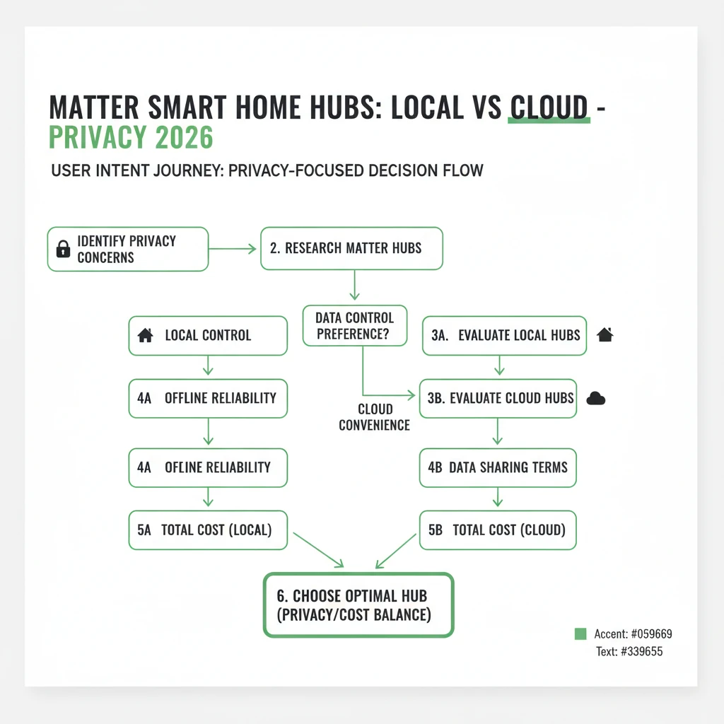 An infographic comparing local and cloud-based Matter smart home hubs in 2026, highlighting privacy, cost, offline reliability, and data control factors for consumers.