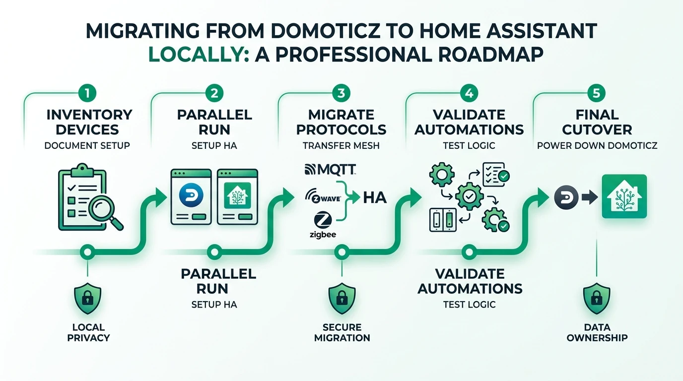 Consulting-style roadmap infographic from Domoticz legacy automations through inventory, MQTT and Zigbee handoffs, Home Assistant configuration import, and cutover testing on a local-only network with privacy checkpoints.