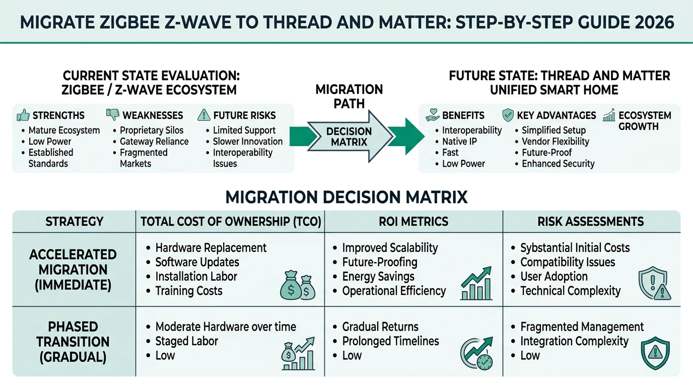 Infographic showing the migration process from Zigbee/Z-Wave to Thread and Matter, including key steps and considerations.