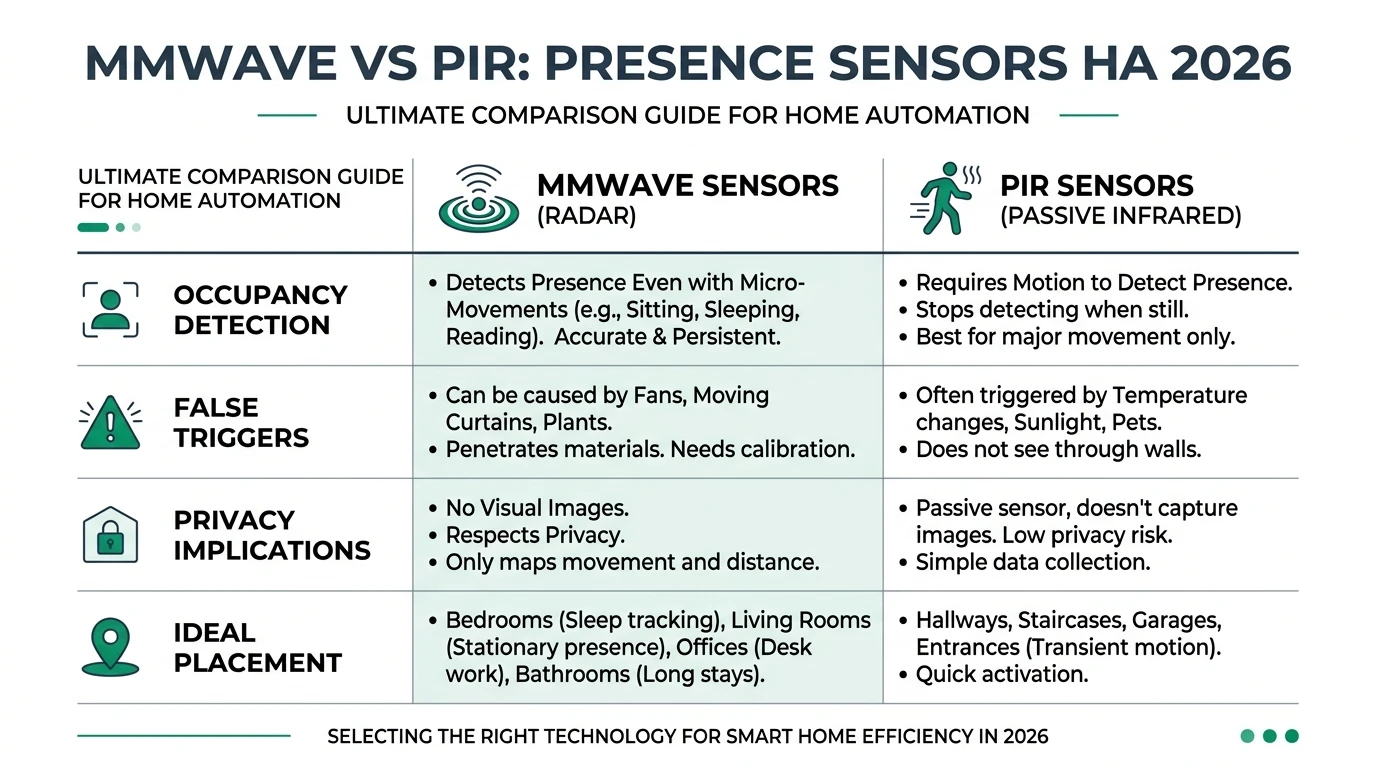 Comparison infographic of mmWave radar versus PIR passive infrared motion sensors for Home Assistant smart home occupancy detection showing detection zones privacy characteristics and false trigger patterns in 2026.
