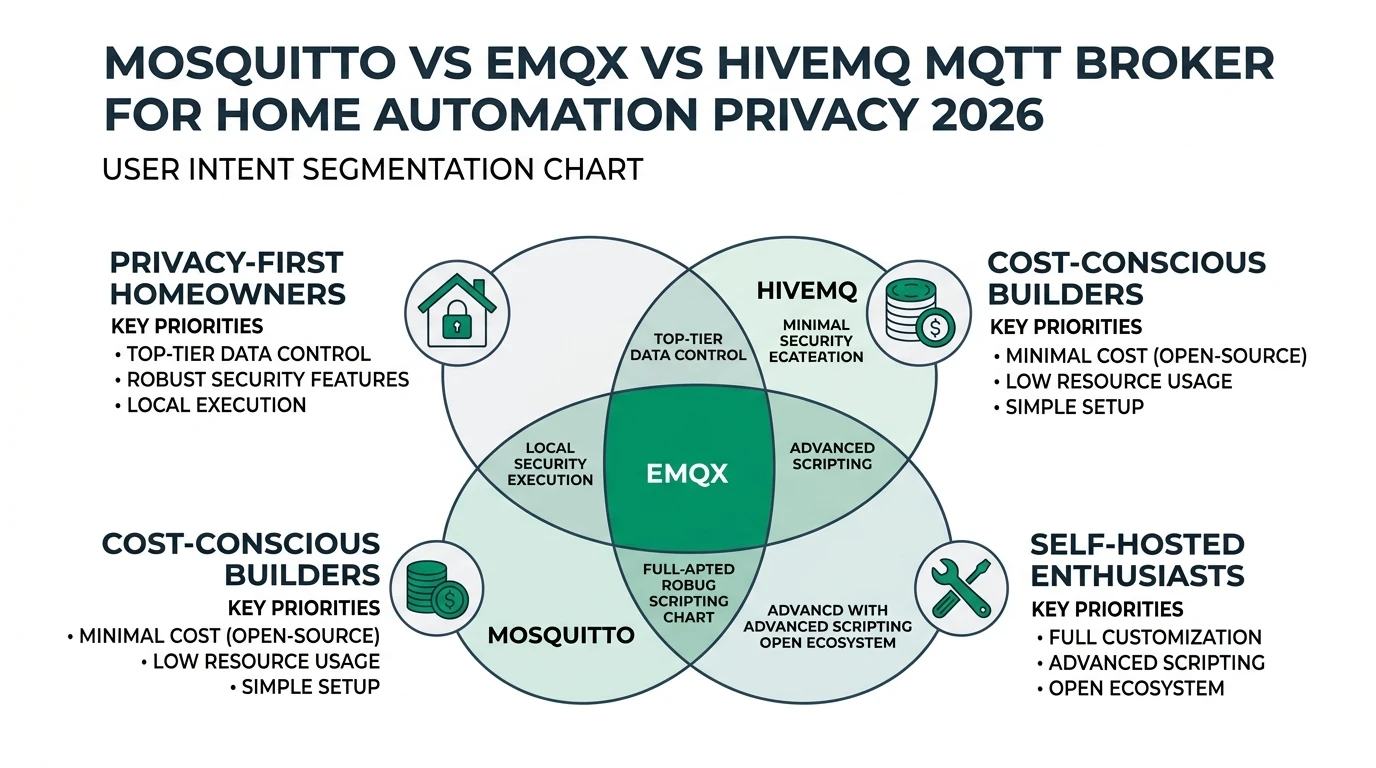 A detailed infographic comparing Mosquitto, EMQX, and HiveMQ MQTT brokers, highlighting privacy features and operational capabilities for home automation.