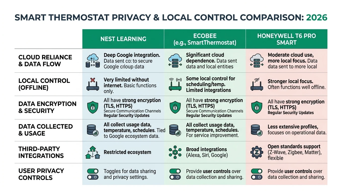 Infographic comparing Nest, Ecobee, and Honeywell thermostats focusing on privacy, local control, and offline reliability.