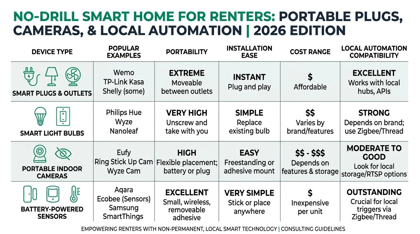 Infographic showing renter-friendly smart home devices, their features, and privacy benefits for 2026.