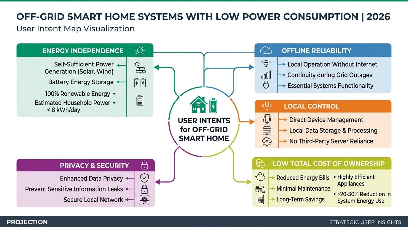 Infographic showing components of off-grid smart home systems including solar panels, inverters, and battery storage, highlighting energy independence and privacy.