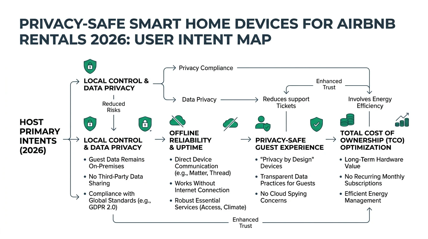 Infographic showing privacy-safe smart home devices for Airbnb rentals, highlighting local control and offline reliability.