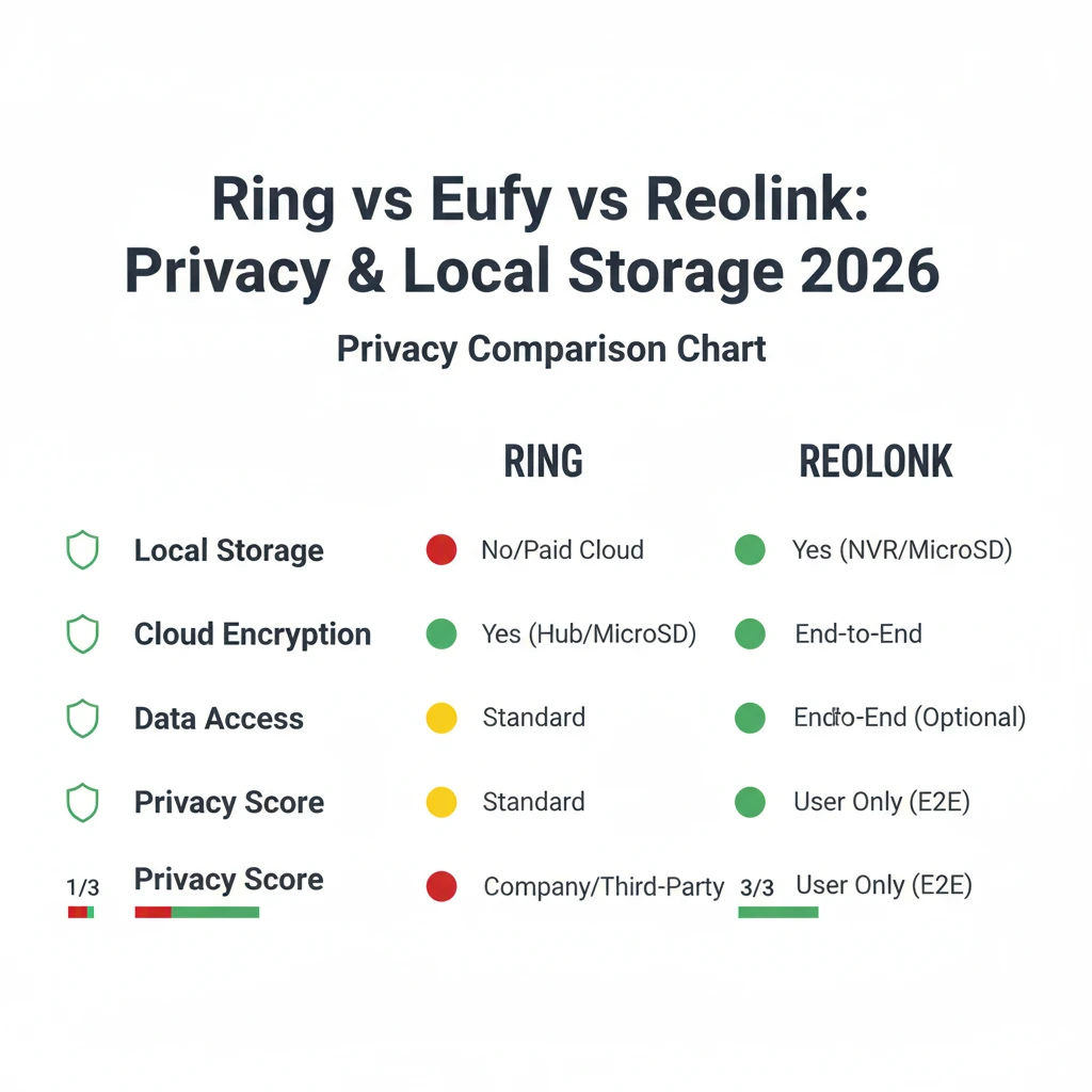 A comparative infographic showing privacy and local storage features of Ring, Eufy, and Reolink security cameras.