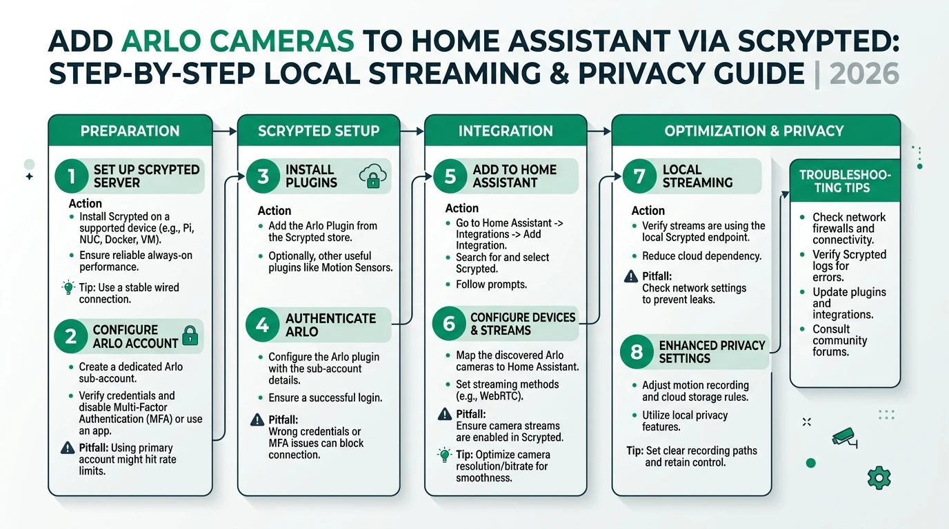 Infographic showing the step-by-step process of integrating Arlo cameras with Home Assistant via Scrypted for local streaming and privacy.