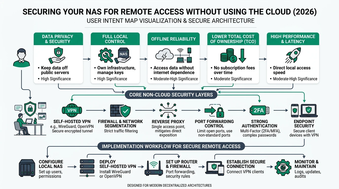 An infographic illustrating secure, cloud-free NAS remote access methods, including VPNs and reverse proxies.