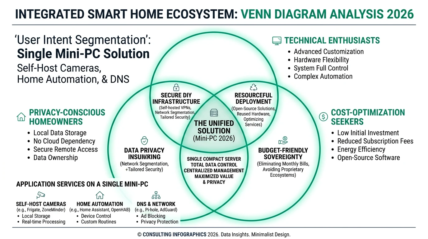 A diagram showing a mini-PC setup for self-hosting cameras, home automation, and DNS services, highlighting key components and connections.