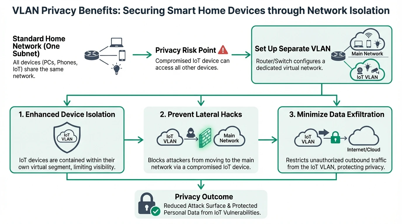 A diagram showing VLAN setup for smart home devices: network segmentation, firewall rules between IoT and LAN, mDNS relay for local control, and egress policies to block device telemetry.